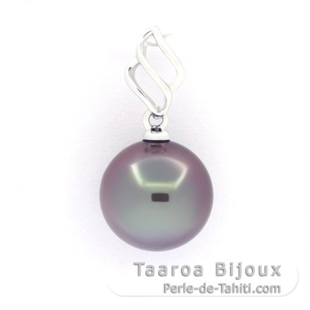 18K solid White Gold Pendant and 1 Tahitian Pearl Round B 10 mm