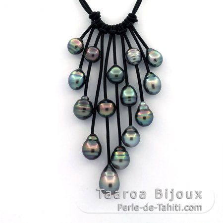 Leather Necklace and 15 Tahitian Pearls Ringed B & C from 9.3 to 11.3 mm