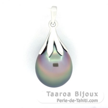 Rhodiated Sterling Silver Pendant and 1 Tahitian Pearl Semi-Baroque C 10.6 mm