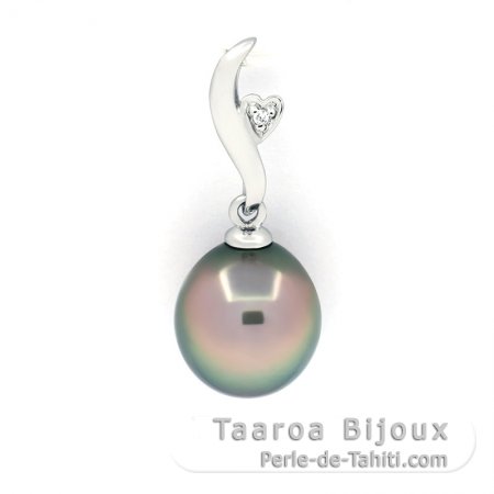 Rhodiated Sterling Silver Pendant and 1 Tahitian Pearl Semi-Baroque C 9.4 mm