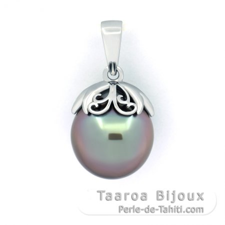 Rhodiated Sterling Silver Pendant and 1 Tahitian Pearl Semi-Baroque B/C 11 mm