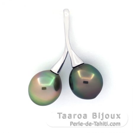 Rhodiated Sterling Silver Pendant and 2 Tahitian Pearls Semi-Baroque B 9.3 and 9.5 mm