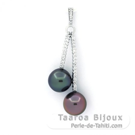 Rhodiated Sterling Silver Pendant and 2 Tahitian Pearls Semi-Baroque B+ 10 mm