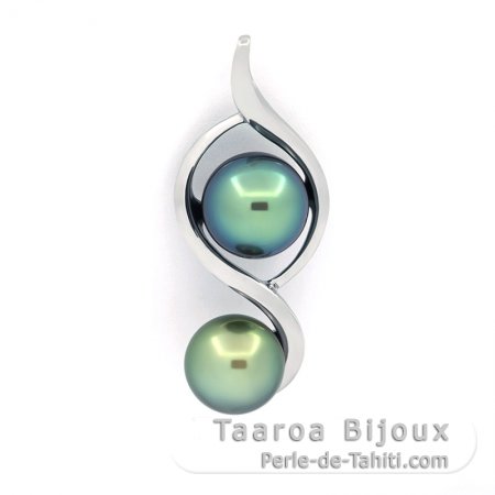 Rhodiated Sterling Silver Pendant and 2 Tahitian Pearls C+ 9.5 and 10 mm