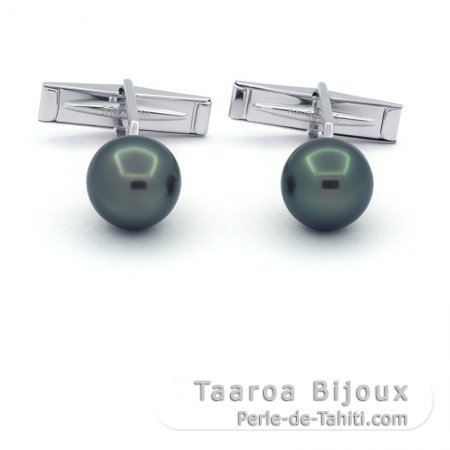 Rhodiated Sterling Silver Cufflinks and 2 Tahitian Pearls Semi-Baroque B and C 10.2