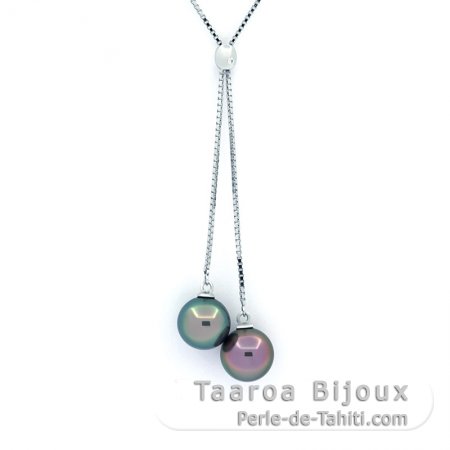 Rhodiated Sterling Silver Necklace and 2 Tahitian Pearls Round B 8.6 mm