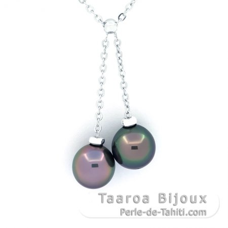 Rhodiated Sterling Silver Necklace and 2 Tahitian Pearls Semi-Baroque B 9.2 mm