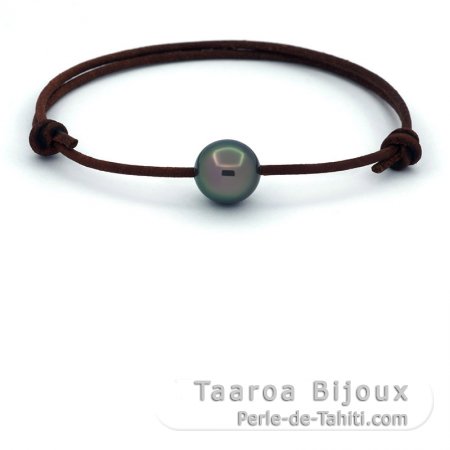 Leather Bracelet and 1 Tahitian Pearl Near-Round C 10.2 mm