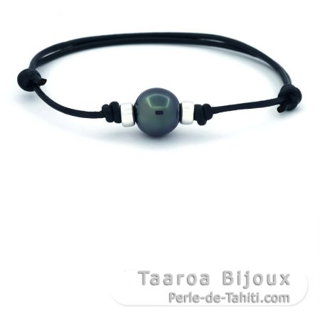 Leather Bracelet and 1 Tahitian Pearl Semi-Baroque C 11.8 mm