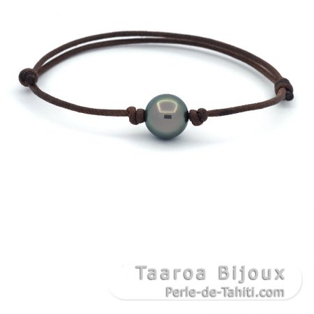 Waxed Cotton Bracelet and 1 Tahitian Pearl Round C 11.3 mm