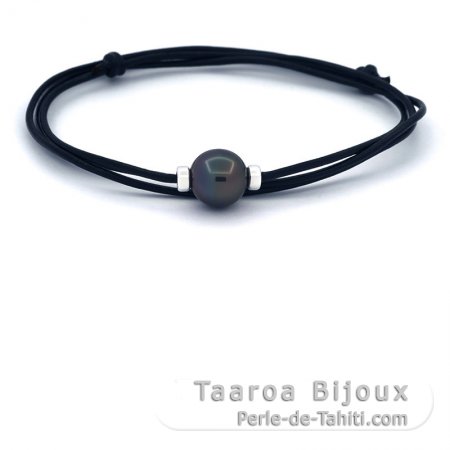 Leather Necklace and 1 Tahitian Pearl Near-Round C 11.5 mm