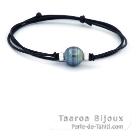 Leather Necklace and 1 Tahitian Pearl Ringed C/D 12.9 mm