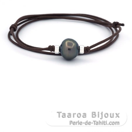 Waxed Cotton Necklace and 1 Tahitian Pearl Ringed C/D 14.7 mm