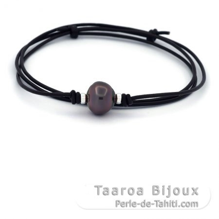 Leather Necklace and 1 Tahitian Pearl Ringed C/D 12.7 mm