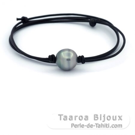 Leather Necklace and 1 Tahitian Pearl Ringed C 13.5 mm