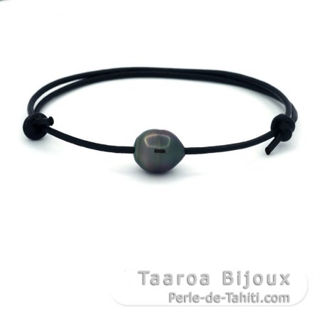 Leather Bracelet and 1 Tahitian Pearl Ringed B 9.6 mm