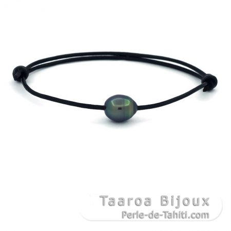 Leather Bracelet and 1 Tahitian Pearl Ringed C 9.2 mm