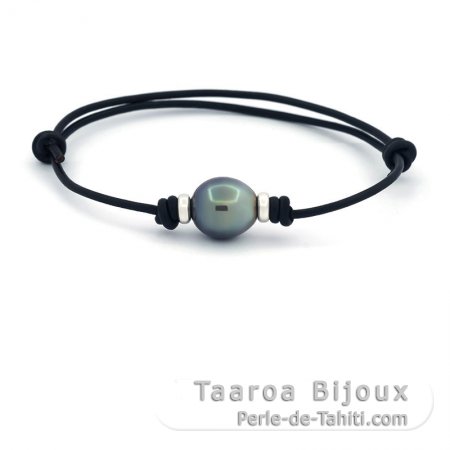 Leather Bracelet and 1 Tahitian Pearl Ringed C/D 11.2 mm