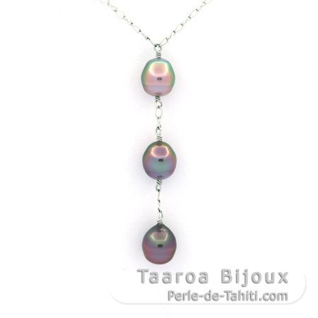 Rhodiated Sterling Silver Necklace and 3 Tahitian Pearls Semi-Baroque B from 9 to 9.2 mm