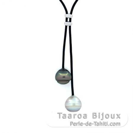 Leather Necklace and 2 Tahitian Pearls Ringed C 13.2 and 13.9 mm