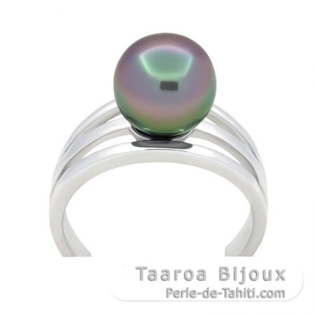 Rhodiated Sterling Silver Ring and 1 Tahitian Pearl Round B 9.5 mm