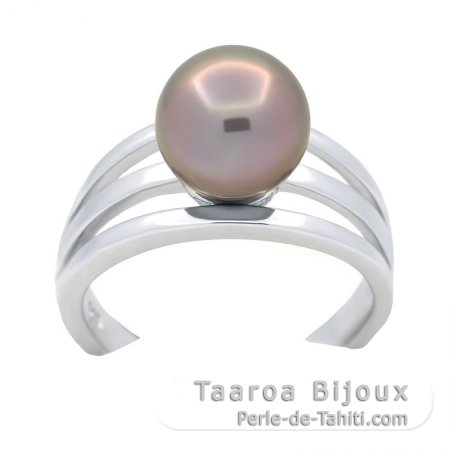 Rhodiated Sterling Silver Ring and 1 Tahitian Pearl Round B 9.3 mm