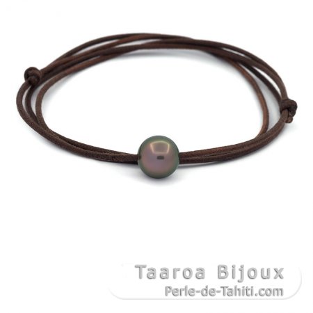 Leather Necklace and 1 Tahitian Pearl Round C 11.4 mm