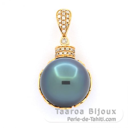 18K solid Gold Pendant + 35 diamonds and 1 Tahitian Pearl Round A/B 14 mm