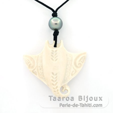 Cotton necklace, bone pendant and 1 Tahitian Pearl Near-Round C 9.6 mm