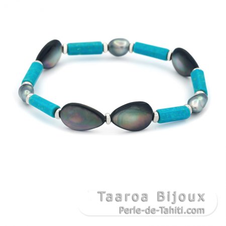 Bracelet with 3 Tahitian Keshi Pearls, Silver, Turquoise, and Mother of Pearl