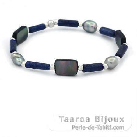 Bracelet with 3 Tahitian Keshi Pearls, Silver, Lapis Lazuli, and Mother of Pearl