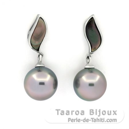 Rhodiated Sterling Silver Earrings and 2 Tahitian Pearls Round C 10.3 mm