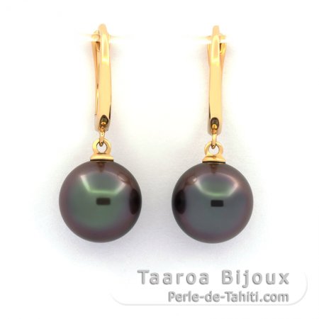 18K solid Gold Earrings and 2 Tahitian Pearls Round 1 A+ and 1 B+ 9.9 mm