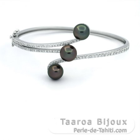 Rhodiated Sterling Silver Bracelet and 3 Tahitian Pearls Round C from 7.9 to 8.3 mm