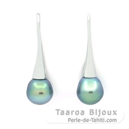 Rhodiated Sterling Silver Earrings and 2 Tahitian Pearls Semi-Baroque 1 A and 1 B 9.3 mm