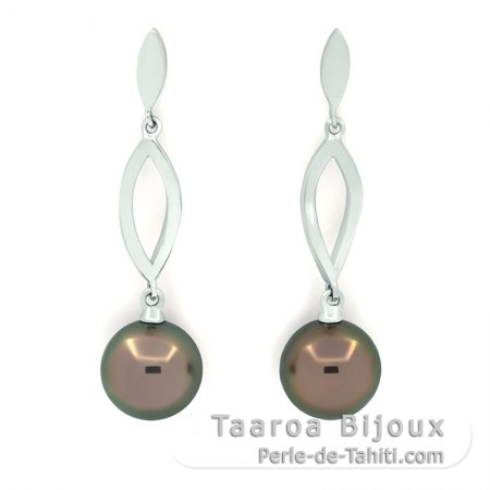 Rhodiated Sterling Silver Earrings and 2 Tahitian Pearls Round C 10.4 mm