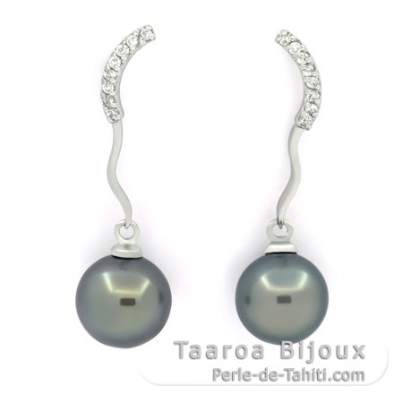 Rhodiated Sterling Silver Earrings and 2 Tahitian Pearls Round 1 B & 1 C 9.6 mm