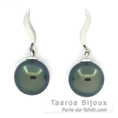 18K Solid White Gold Earrings and 2 Tahitian Pearls Round B 8.9 mm