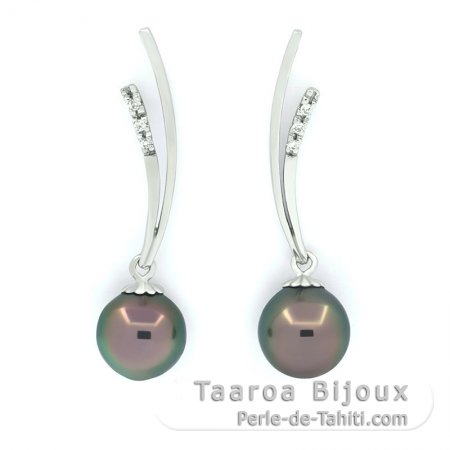 Rhodiated Sterling Silver Earrings and 2 Tahitian Pearls Semi-Baroque B 9.3 mm