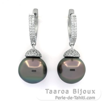 Rhodiated Sterling Silver Earrings and 2 Tahitian Pearls Semi-Baroque 1 B and 1 C 12.6 mm