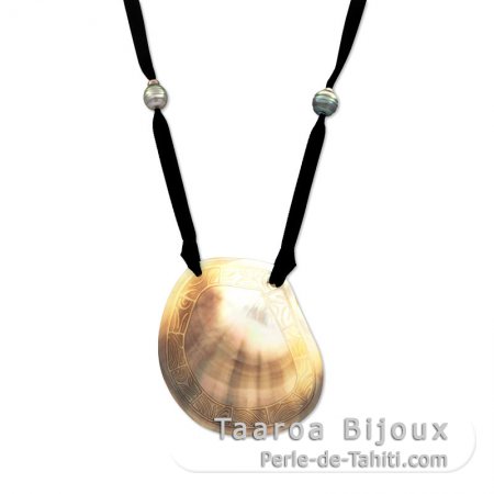 Satin Necklace with Mother of Pearl and 6 Tahitian Pearls Semi-Baroque C/D from 9.1 to 10 mm