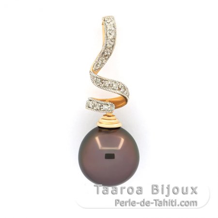 14K solid Gold Pendant + 15 Diamonds and 1 Tahitian Pearl Semi-Baroque B 11.9 mm