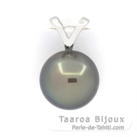 18K solid White Gold Pendant and 1 Tahitian Pearl Round B 10.2 mm