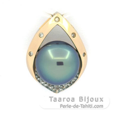 14K Solid Gold Pendant + 12 diamonds and 1 Tahitian Pearl Near-Round B 10.2 mm