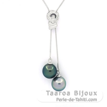 Rhodiated Sterling Silver Necklace and 2 Tahitian Pearls Semi-Baroque 1 A and 1 B 10.3 mm