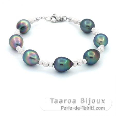 Rhodiated Sterling Silver Bracelet and 7 Tahitian Pearls Semi-Baroque B+ from 9 to 9.5 mm