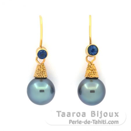 18K solid Gold Earrings and 2 Tahitian Pearls Round B+ 9.3 mm