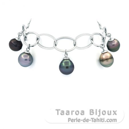 Rhodiated Sterling Silver Bracelet and 5 Tahitian Pearls Ringed C from 11.5 to 11.9 mm