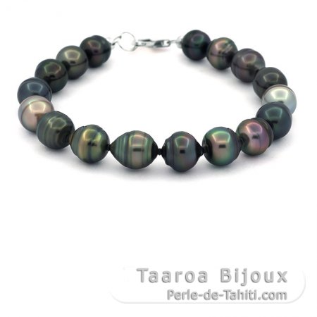 Bracelet with 17 Tahitian Pearls Ringed C from 8.9 to 9.9 mm and Rhodiated Sterling Silver