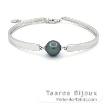 Rhodiated Sterling Silver Bracelet and 1 Tahitian Pearl Near-Round C 10 mm